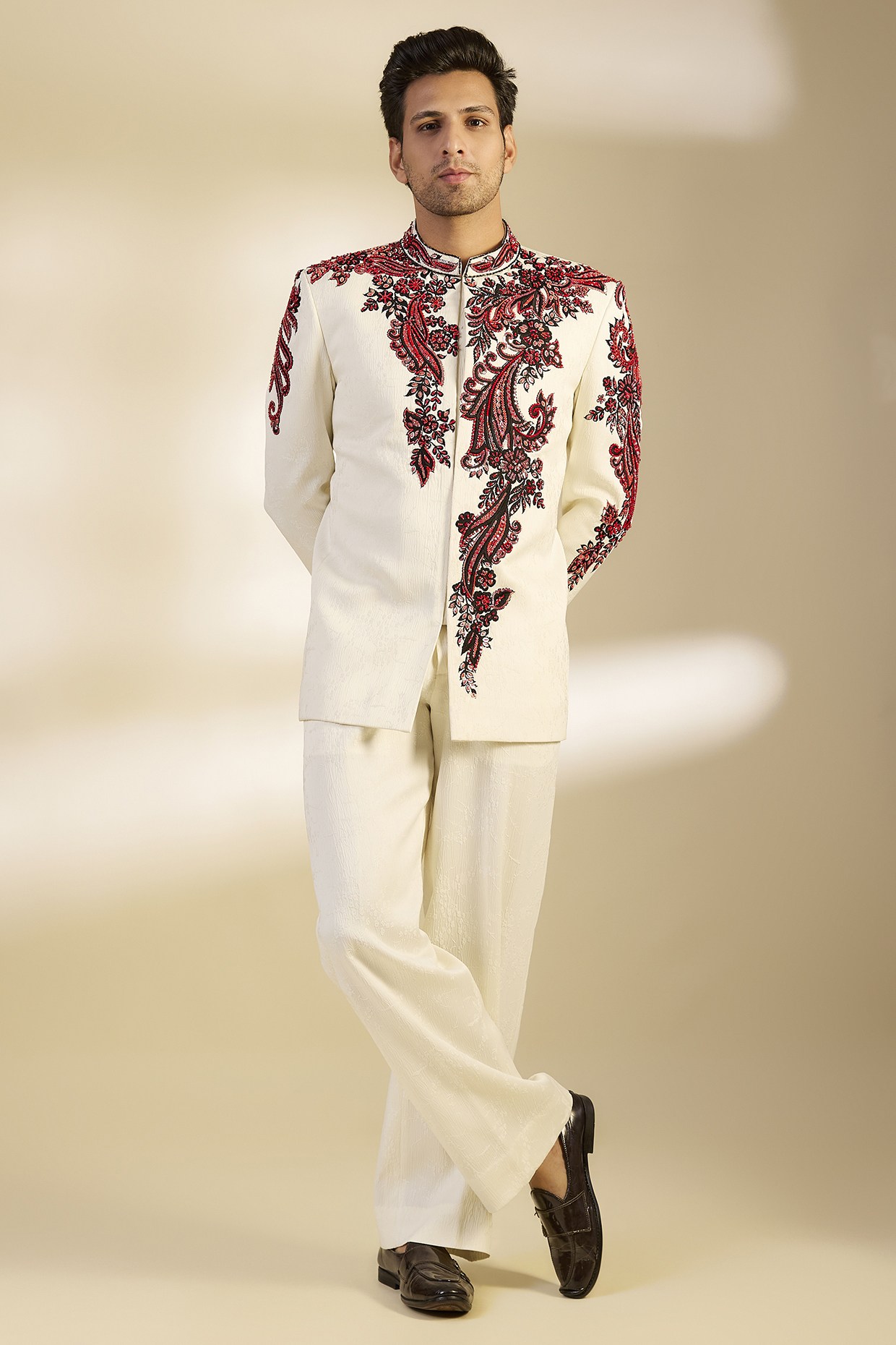 White & Red Crepe Sequins Embroidered Bandhgala Set by Dapper & Dare
