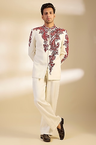 White & Red Crepe Sequins Embroidered Bandhgala Set by Dapper & Dare