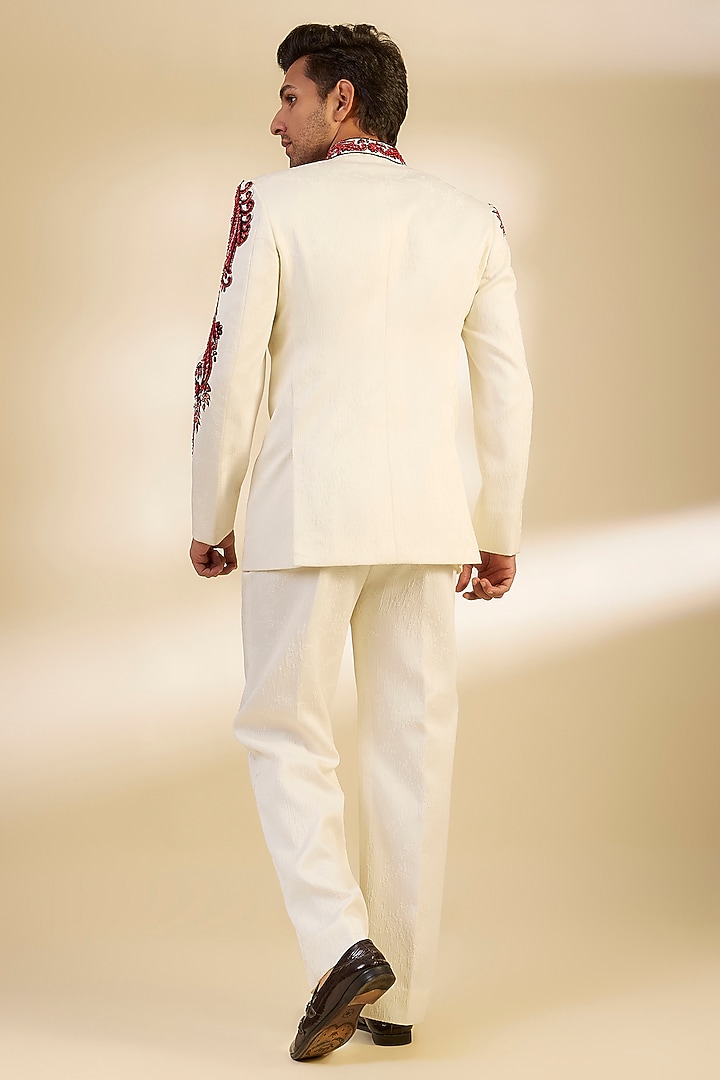 White & Red Crepe Sequins Embroidered Groom Bandhgala Set by Dapper & Dare at Pernia's Pop Up Shop