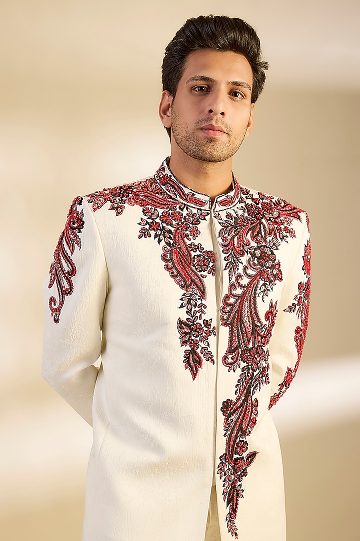 White & Red Crepe Sequins Embroidered Groom Bandhgala Set by Dapper & Dare at Pernia's Pop Up Shop