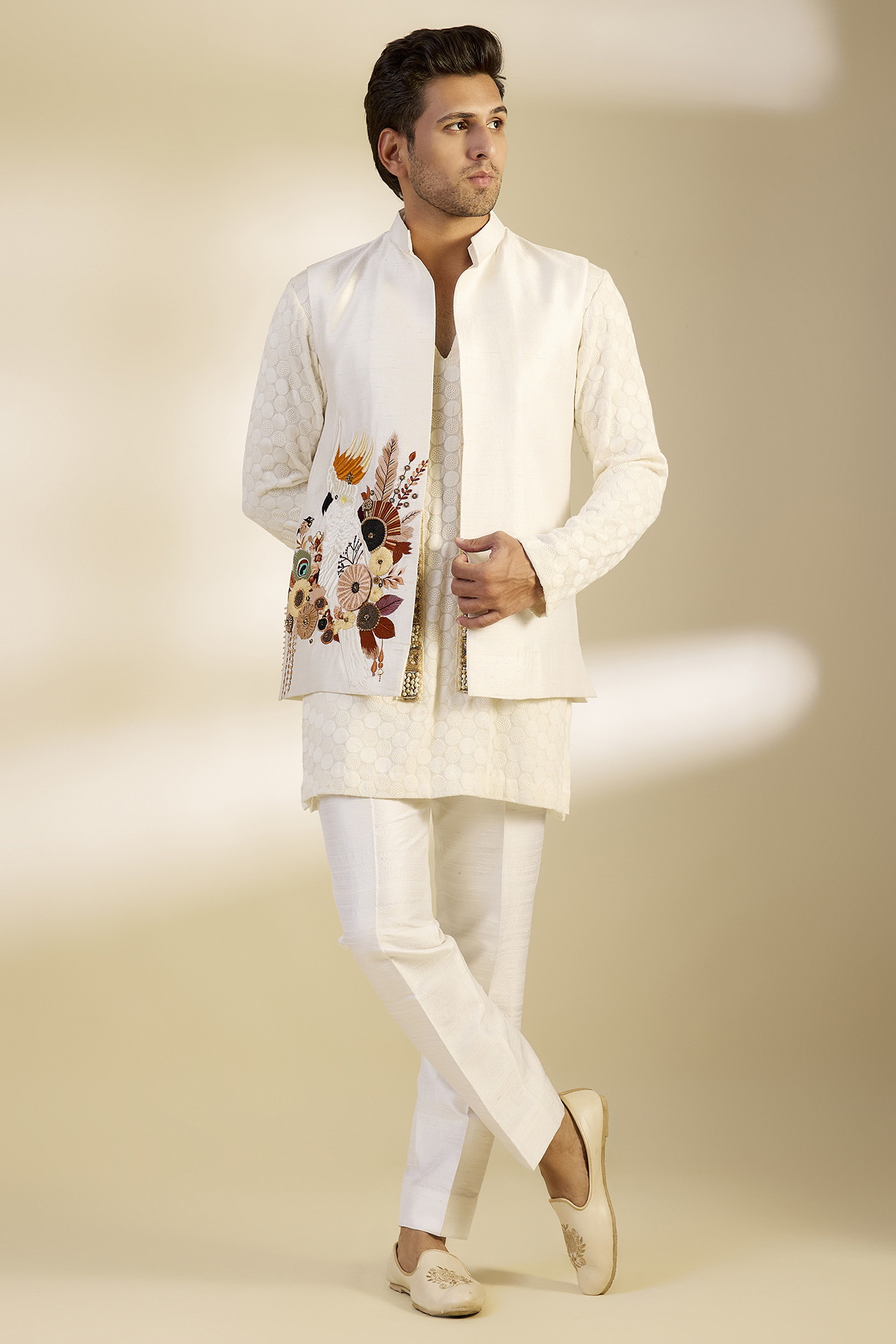 Ivory Raw Silk Floral Embroidered Nehru Jacket Set by Dapper & Dare