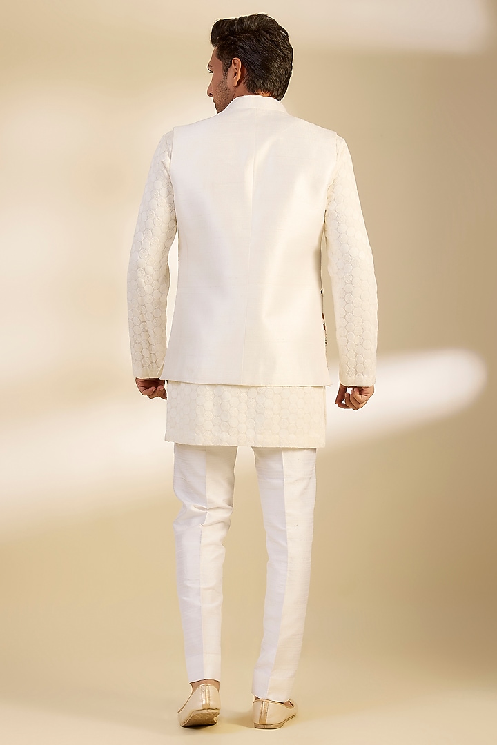 Ivory Raw Silk Floral Embroidered Nehru Jacket Set by Dapper & Dare at Pernia's Pop Up Shop