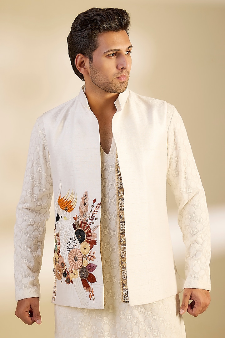Ivory Raw Silk Floral Embroidered Nehru Jacket Set by Dapper & Dare at Pernia's Pop Up Shop