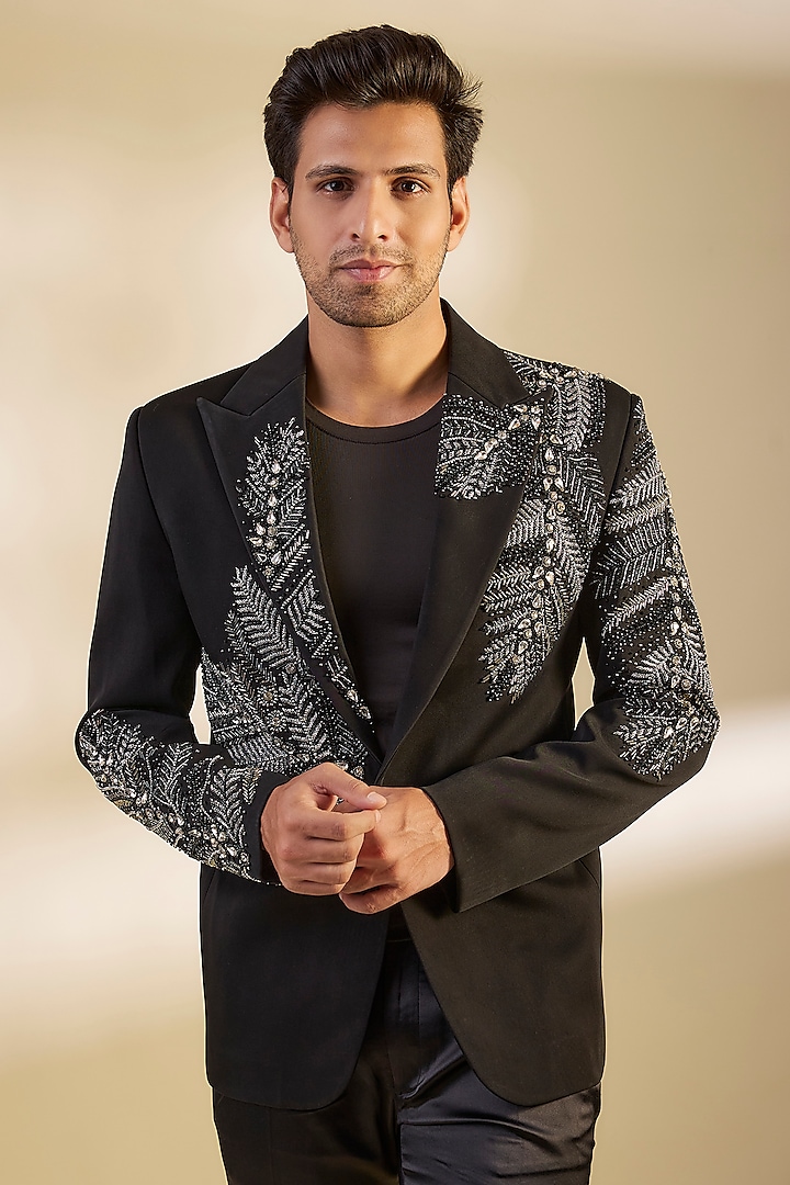 Black Japanese Twill Swarovski Embroidered Tuxedo Set by Dapper & Dare at Pernia's Pop Up Shop