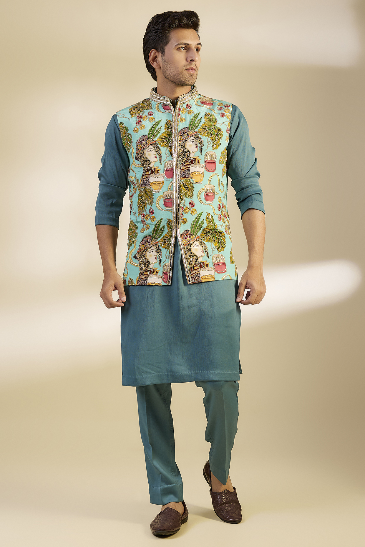 Turquoise Green Crepe Printed & Embroidered Bundi Jacket Set by Dapper & Dare