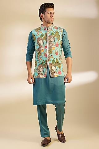 Turquoise Green Crepe Printed & Embroidered Bundi Jacket Set by Dapper & Dare