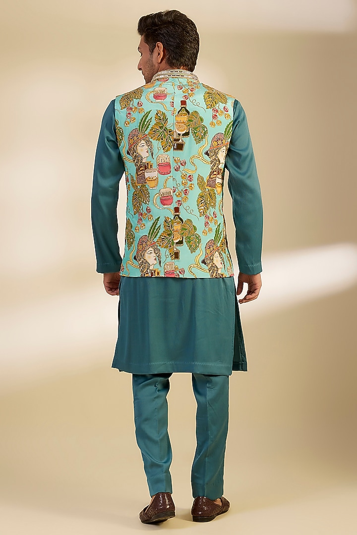 Turquoise Green Crepe Printed & Embroidered Bundi Jacket Set by Dapper & Dare at Pernia's Pop Up Shop