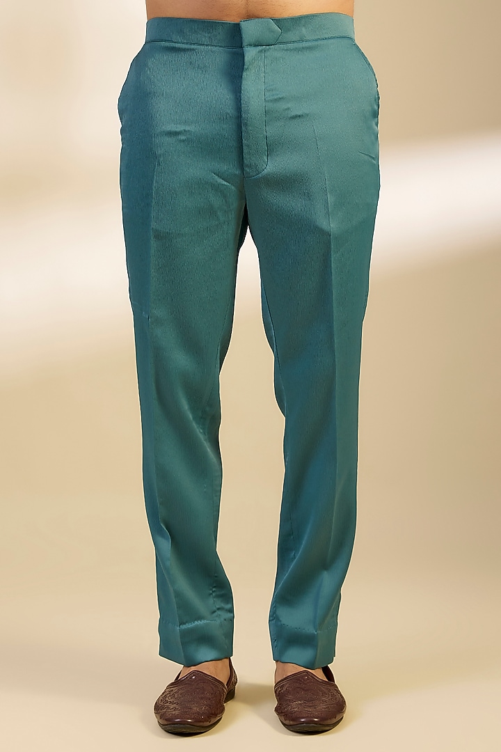 Turquoise Green Crepe Printed & Embroidered Bundi Jacket Set by Dapper & Dare at Pernia's Pop Up Shop