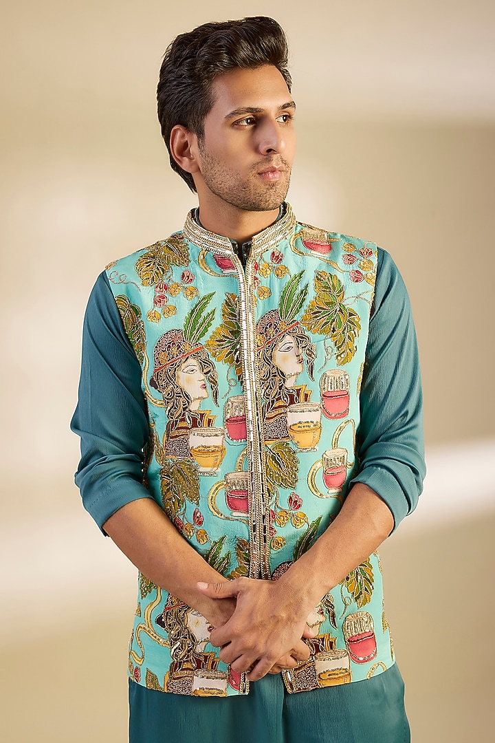 Turquoise Green Crepe Printed & Embroidered Bundi Jacket Set by Dapper & Dare at Pernia's Pop Up Shop