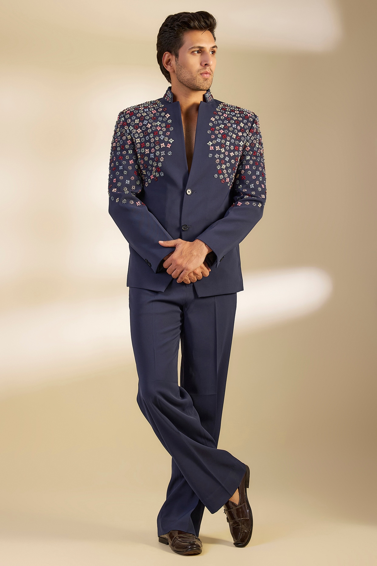 Navy Blue Japanese Twill Hand Embroidered Tuxedo Set by Dapper