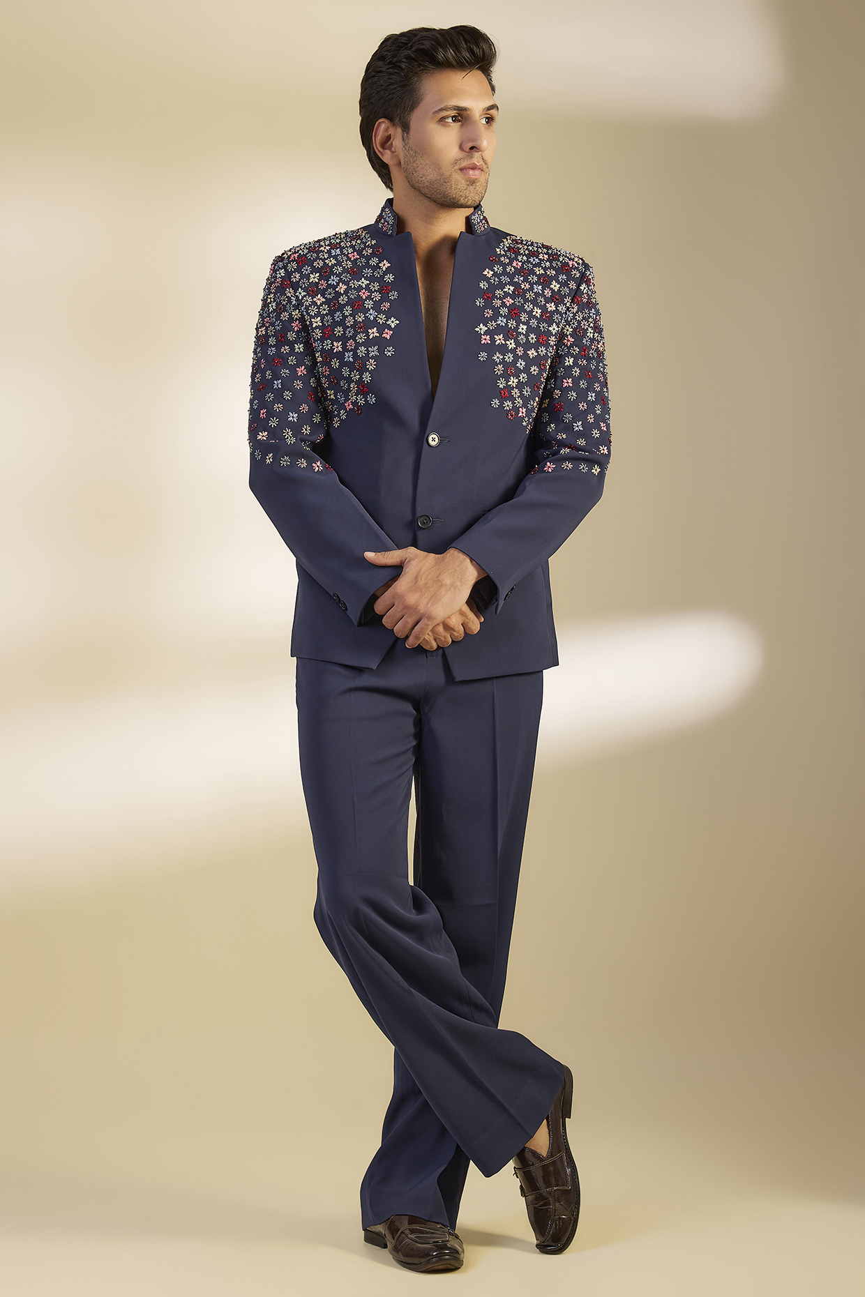 Navy Blue Japanese Twill Hand Embroidered Tuxedo Set by Dapper & Dare