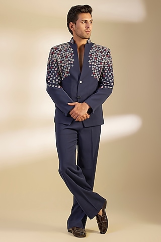 Navy Blue Japanese Twill Hand Embroidered Tuxedo Set by Dapper & Dare