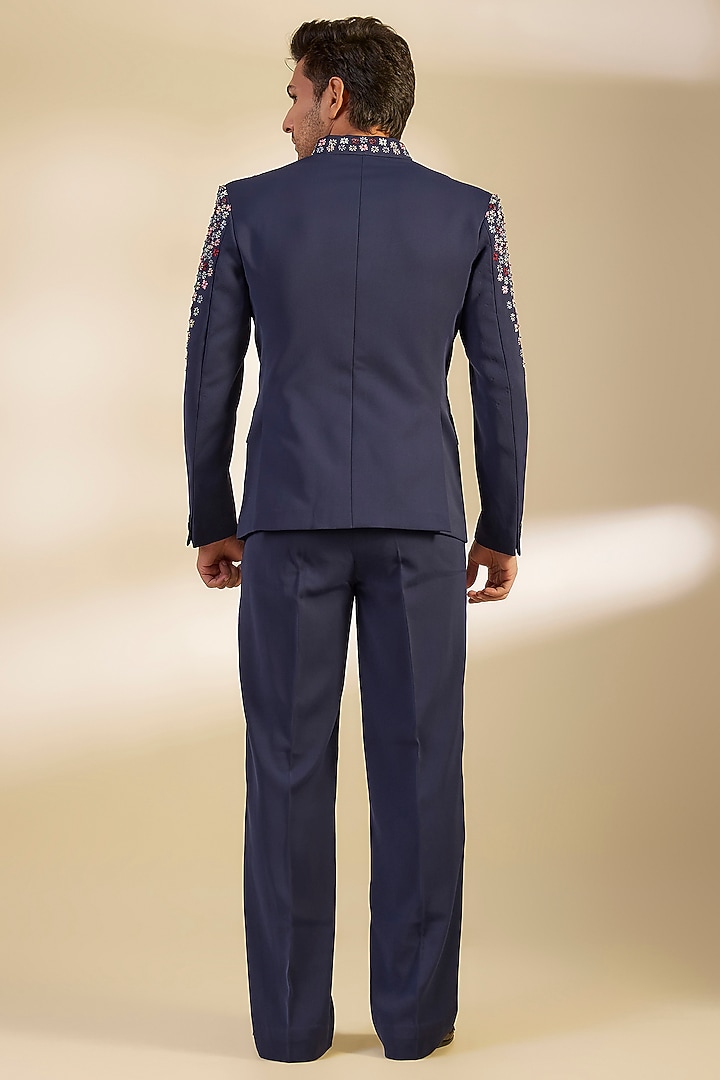 Navy Blue Japanese Twill Hand Embroidered Tuxedo Set by Dapper & Dare at Pernia's Pop Up Shop