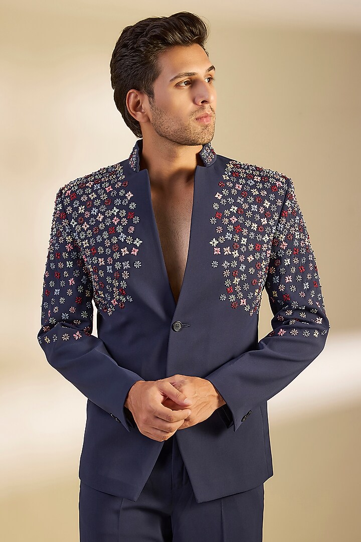 Navy Blue Japanese Twill Hand Embroidered Tuxedo Set by Dapper & Dare at Pernia's Pop Up Shop