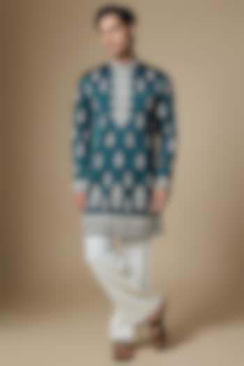 Teal Blue Armani Satin Cutdana Embroidered Kurta Set by Dapper & Dare at Pernia's Pop Up Shop