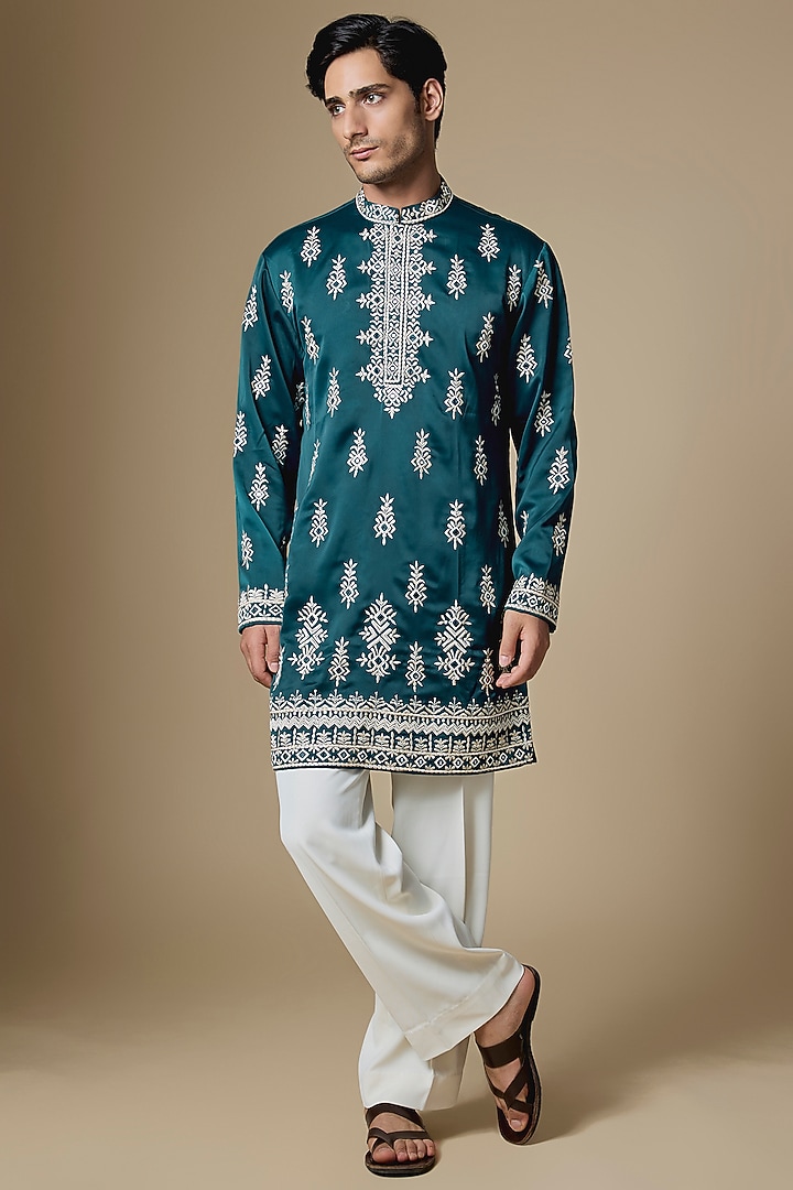 Teal Blue Armani Satin Cutdana Embroidered Kurta Set by Dapper & Dare at Pernia's Pop Up Shop