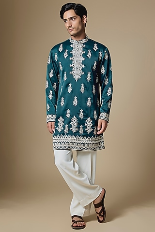 Teal Blue Armani Satin Cutdana Embroidered Kurta Set by Dapper & Dare