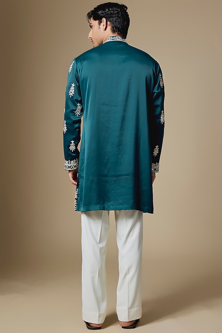 Teal Blue Armani Satin Cutdana Embroidered Kurta Set by Dapper & Dare at Pernia's Pop Up Shop