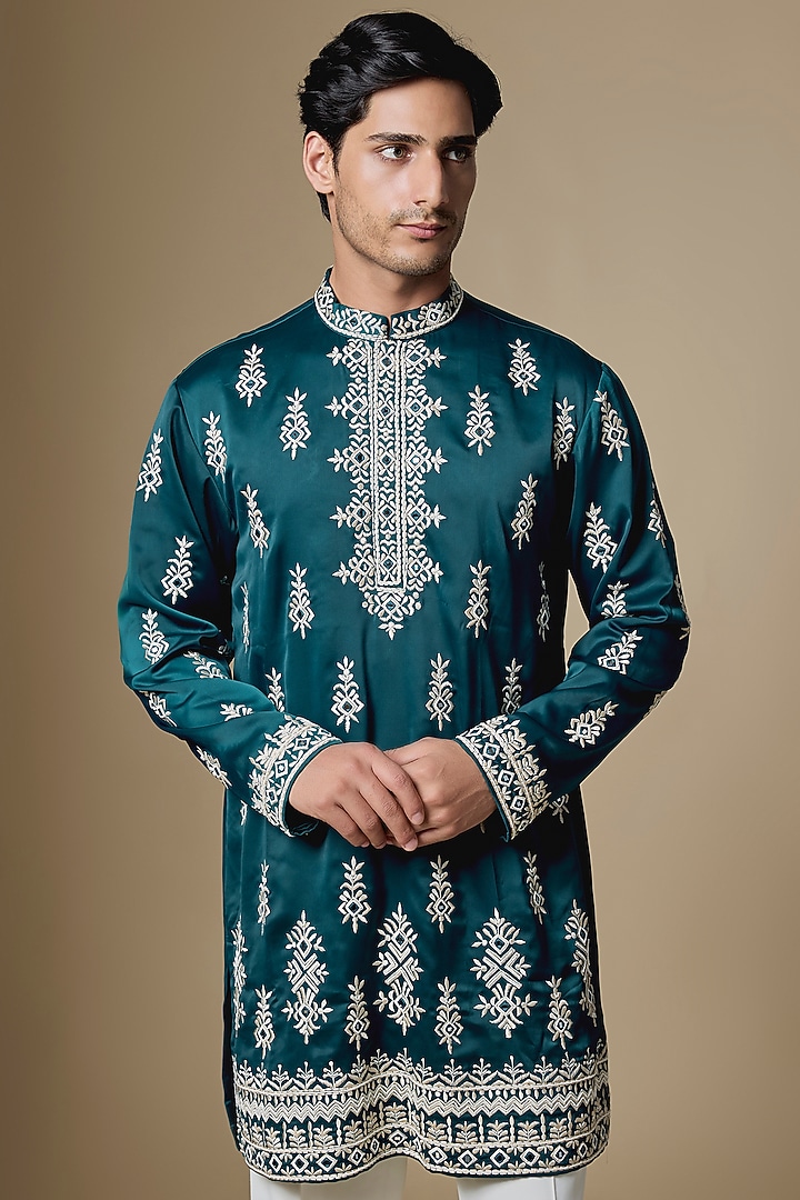 Teal Blue Armani Satin Cutdana Embroidered Kurta Set by Dapper & Dare at Pernia's Pop Up Shop