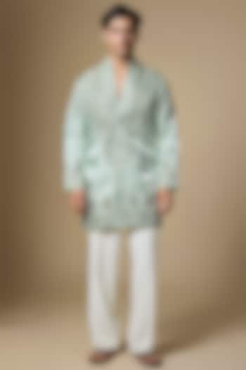 Light Sea Green Satin Thread Embroidered Kurta Set by Dapper & Dare at Pernia's Pop Up Shop