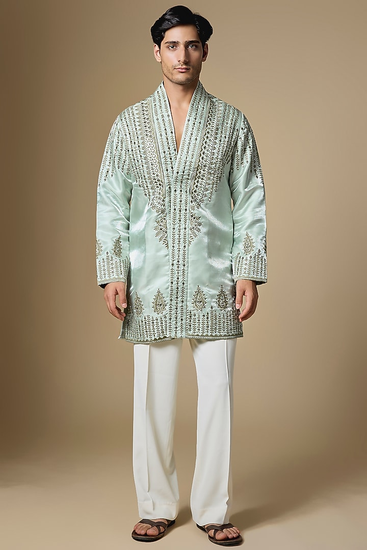 Light Sea Green Satin Thread Embroidered Kurta Set by Dapper & Dare at Pernia's Pop Up Shop