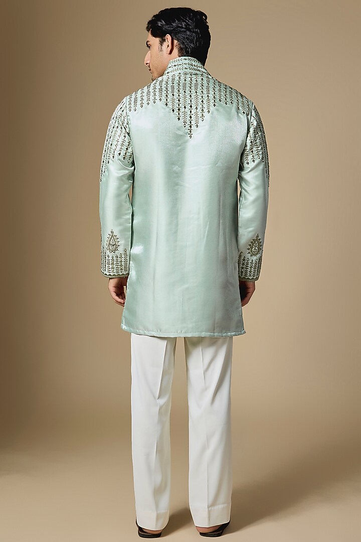 Light Sea Green Satin Thread Embroidered Kurta Set by Dapper & Dare at Pernia's Pop Up Shop