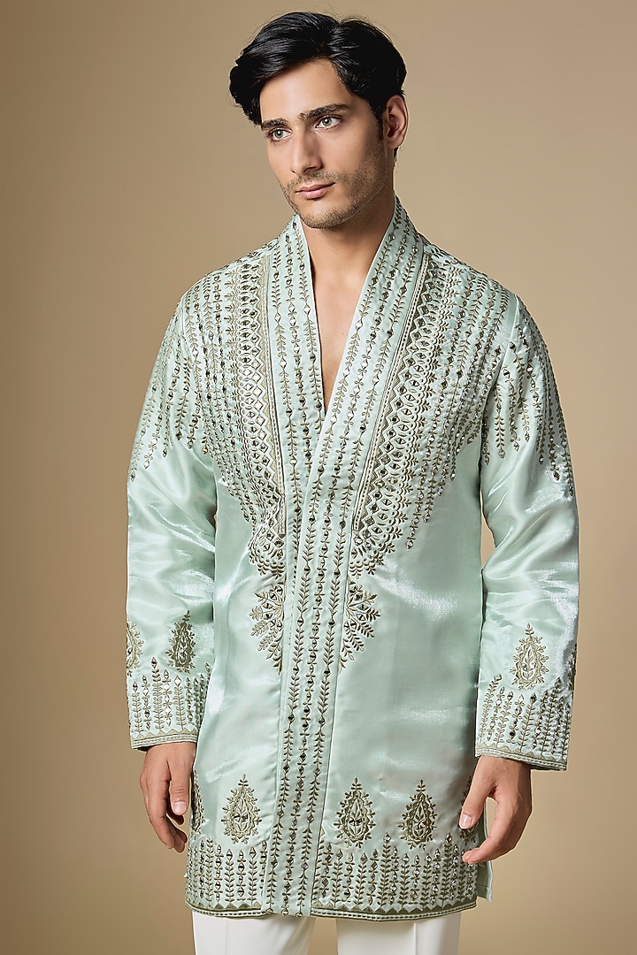 Light Sea Green Satin Thread Embroidered Kurta Set by Dapper & Dare at Pernia's Pop Up Shop