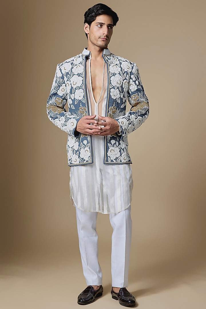 Blue Japanese Twill Floral Beadwork Jacket Set by Dapper & Dare at Pernia's Pop Up Shop