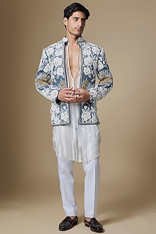 Blue Japanese Twill Floral Beadwork Jacket Set by Dapper & Dare