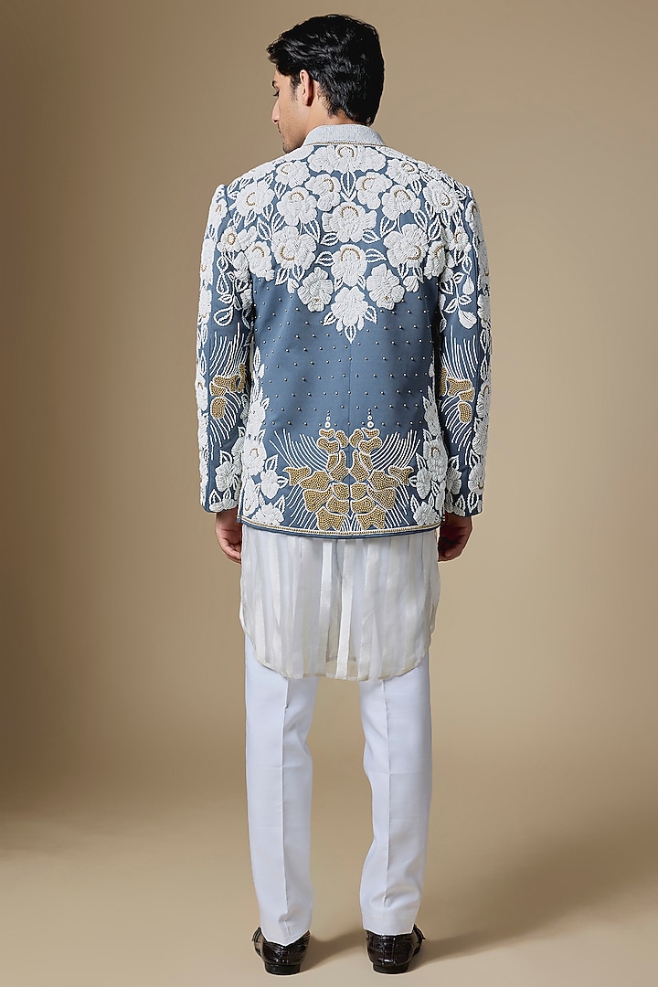 Blue Japanese Twill Floral Beadwork Jacket Set by Dapper & Dare at Pernia's Pop Up Shop