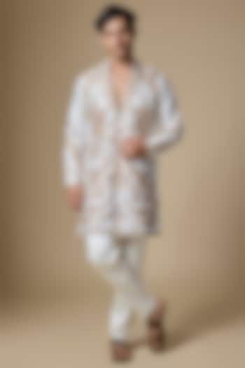 White Satin Cutdana Embroidered Kurta Set by Dapper & Dare at Pernia's Pop Up Shop