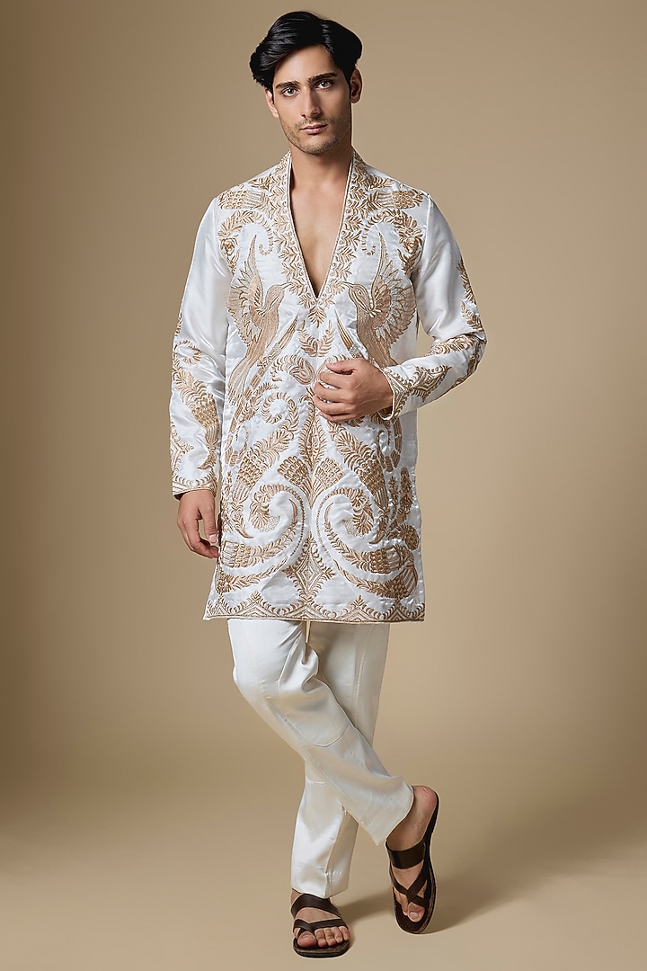 White Satin Cutdana Embroidered Kurta Set by Dapper & Dare at Pernia's Pop Up Shop