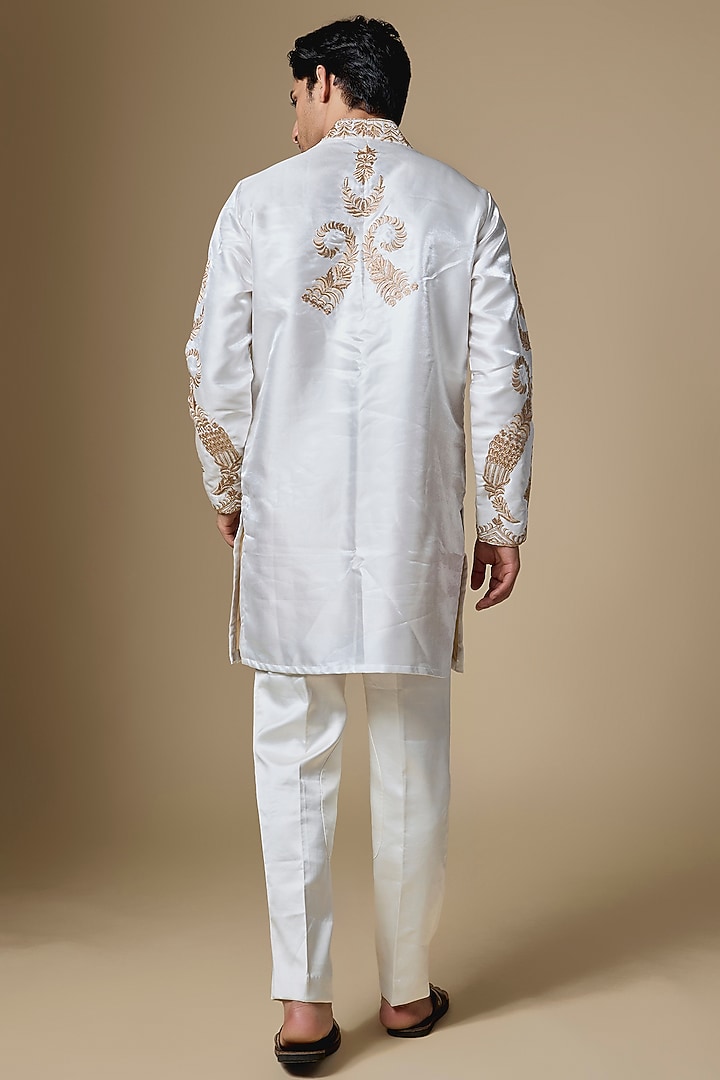 White Satin Cutdana Embroidered Kurta Set by Dapper & Dare at Pernia's Pop Up Shop