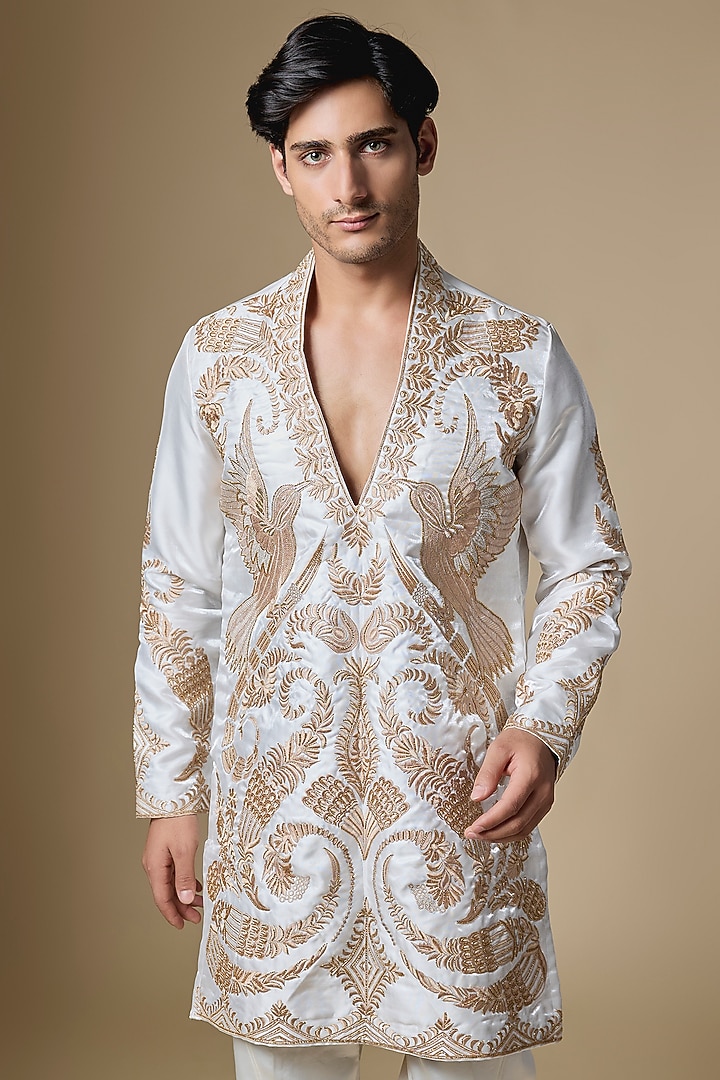 White Satin Cutdana Embroidered Kurta Set by Dapper & Dare at Pernia's Pop Up Shop