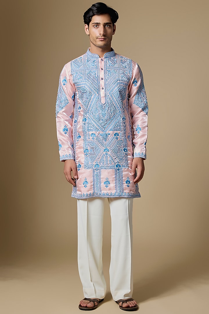 Light Pink Satin Cutdana Work Kurta Set by Dapper & Dare at Pernia's Pop Up Shop