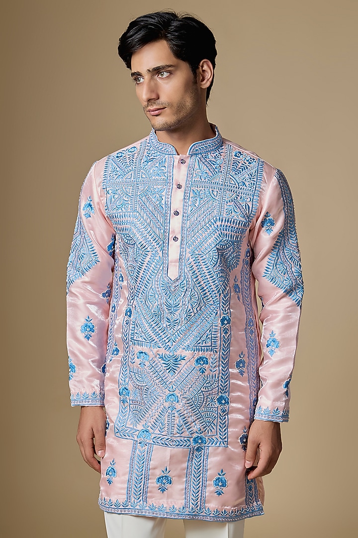 Light Pink Satin Cutdana Work Kurta Set by Dapper & Dare at Pernia's Pop Up Shop