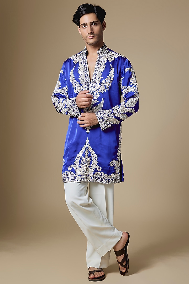 Cobalt Blue Armani Satin Cutdana Embroidered Kurta Set by Dapper & Dare at Pernia's Pop Up Shop