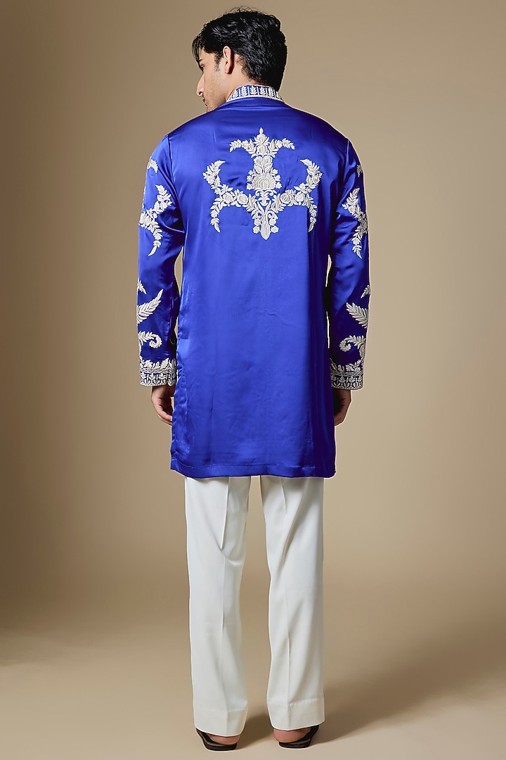 Cobalt Blue Armani Satin Cutdana Embroidered Kurta Set by Dapper & Dare at Pernia's Pop Up Shop
