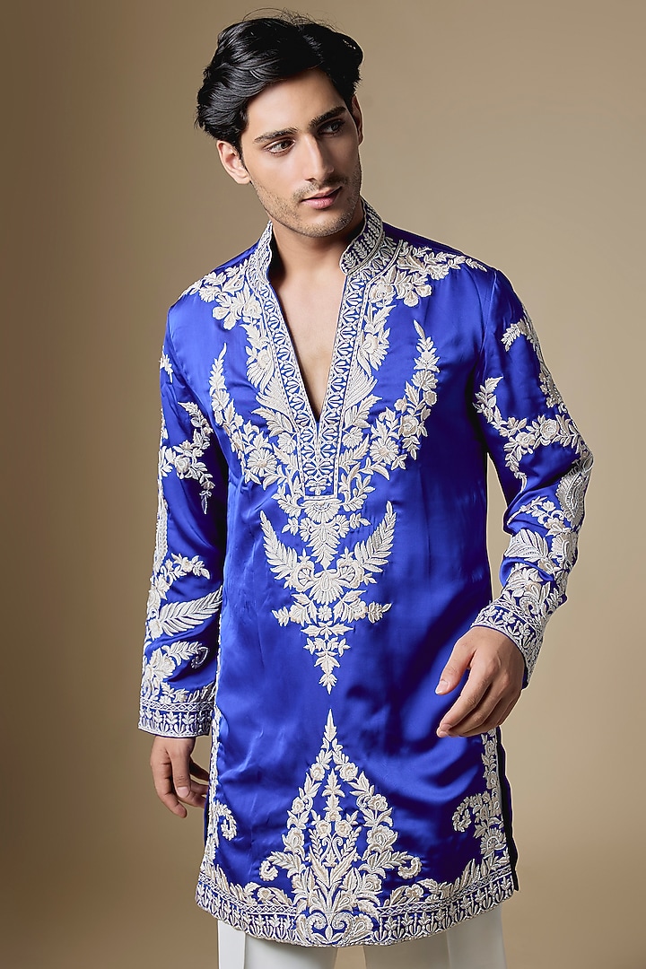 Cobalt Blue Armani Satin Cutdana Embroidered Kurta Set by Dapper & Dare at Pernia's Pop Up Shop