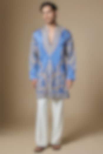 Cerulean Blue Armani Satin Thread Embroidered Kurta Set by Dapper & Dare at Pernia's Pop Up Shop