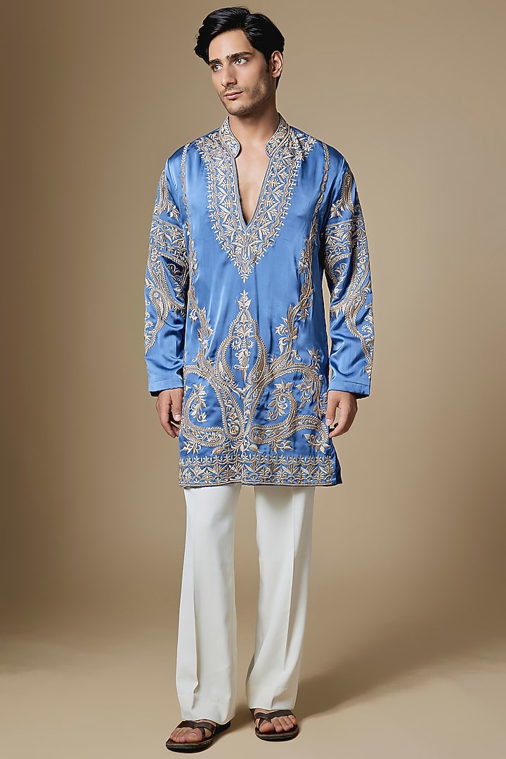 Cerulean Blue Armani Satin Thread Embroidered Kurta Set by Dapper & Dare at Pernia's Pop Up Shop