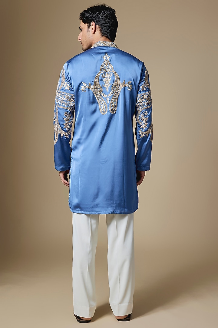 Cerulean Blue Armani Satin Thread Embroidered Kurta Set by Dapper & Dare at Pernia's Pop Up Shop