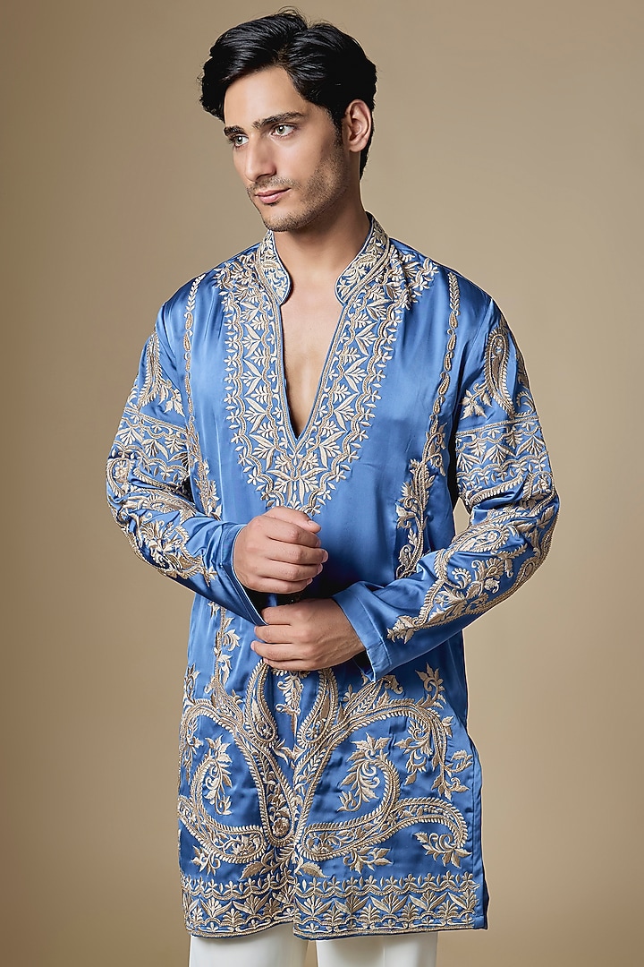 Cerulean Blue Armani Satin Thread Embroidered Kurta Set by Dapper & Dare at Pernia's Pop Up Shop