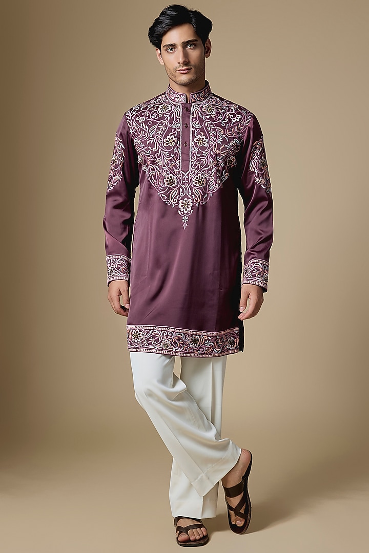 Wine Armani Satin Cutdana Embroidered Kurta Set by Dapper & Dare at Pernia's Pop Up Shop