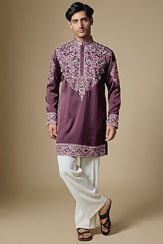 Wine Armani Satin Cutdana Embroidered Kurta Set by Dapper & Dare