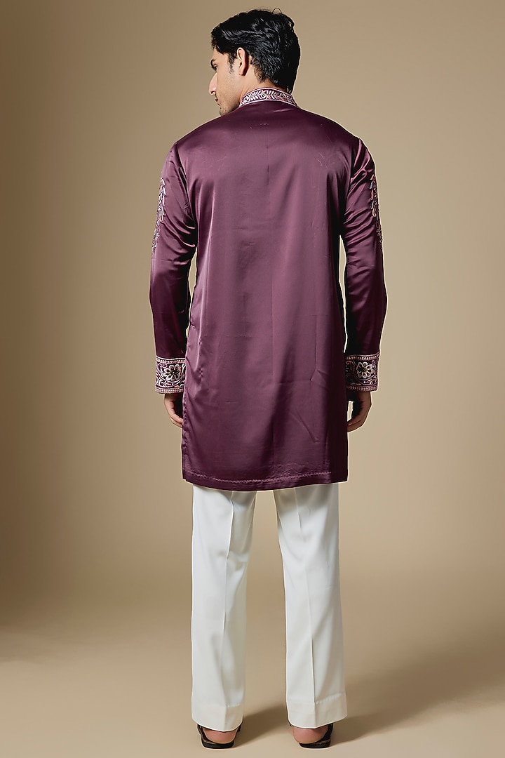 Wine Armani Satin Cutdana Embroidered Kurta Set by Dapper & Dare at Pernia's Pop Up Shop