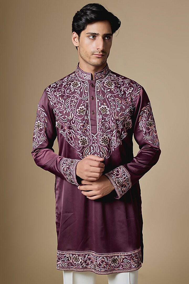 Wine Armani Satin Cutdana Embroidered Kurta Set by Dapper & Dare at Pernia's Pop Up Shop