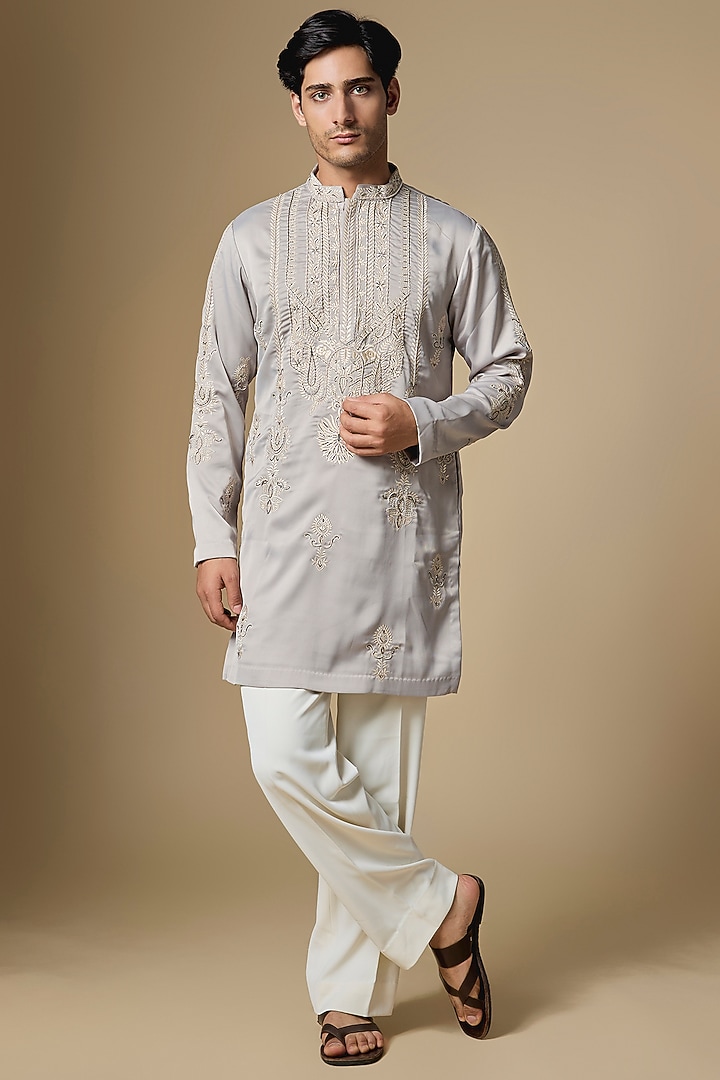 Silver Grey Armani Satin Cutdana Embroidered Kurta Set by Dapper & Dare at Pernia's Pop Up Shop
