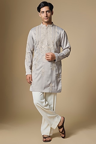 Silver Grey Armani Satin Cutdana Embroidered Kurta Set by Dapper & Dare
