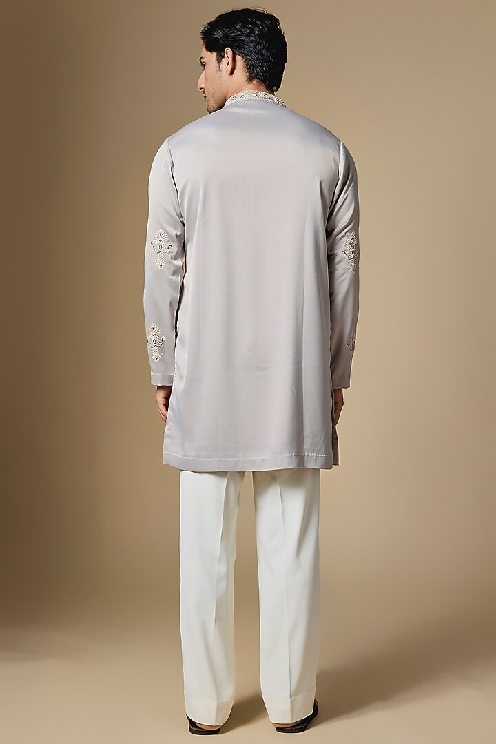 Silver Grey Armani Satin Cutdana Embroidered Kurta Set by Dapper & Dare at Pernia's Pop Up Shop